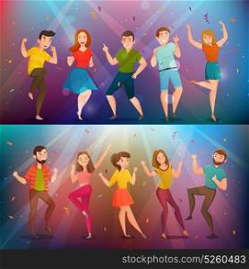 Dancing People Retro Banners Set . Young people dancing in disco lights 2 retro cartoon horizontal banners set colorful background isolated vector illustration