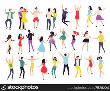 Dancing people, waltz classic and modern dance vector. Contemporary style, teenage jumping in air, solo performance. Pair man woman wearing costumes. Dancing People, Waltz Classic and Modern Dance
