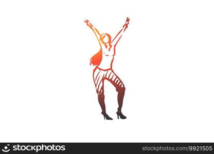 Dancing, people, woman, party, fun concept. Hand drawn attractive woman dancing concept sketch. Isolated vector illustration.. Dancing, people, woman, party, fun concept. Hand drawn isolated vector.