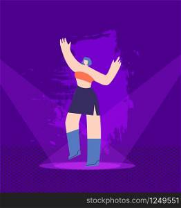 Dancing Pretty Cartoon Girl Character on Illuminated Night Stage Holiday Disco Party Marathon Music Festival Discotheque Competition Concept Flat Vector Design Illustration Woman Showing Talent Dance. Dancing Pretty Girl on Illuminated Night Stage