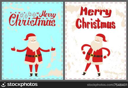 Dancing Santa Claus with hands on waist and broad open, wishing Merry Christmas. Wintertime vector greeting card with New Year cartoon character sticker. Dancing Santa Claus with Hands on Waist, Christmas