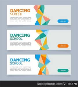 Dancing school classes promotion web banner design template. Vector flyer with text space. Advertising placard with customized copyspace. Printable poster for advertising. Tahoma font used. Dancing school classes promotion web banner design template