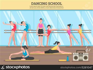 Dancing School Flat Illustration. Dancing school with teacher and girl students near mirror and on mats music equipment flat vector illustration