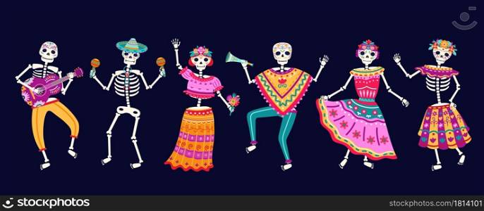 Dancing skeletons. Dead day party, sugar skull or halloween holiday. Traditional mexican music festival, fun bright dance vector characters. Illustration skeleton party, dead mexican celebration. Dancing skeletons. Dead day party, sugar skull or halloween holiday. Traditional mexican music festival, fun bright dance vector characters