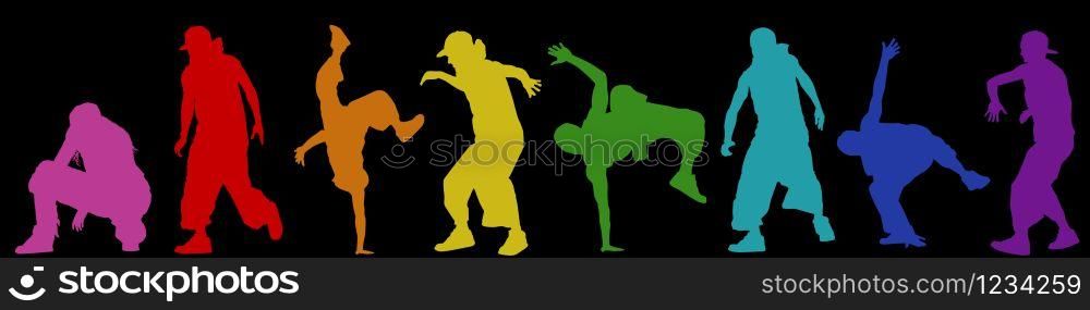 Dancing street dance silhouettes in urban style on black background, vector illustration
