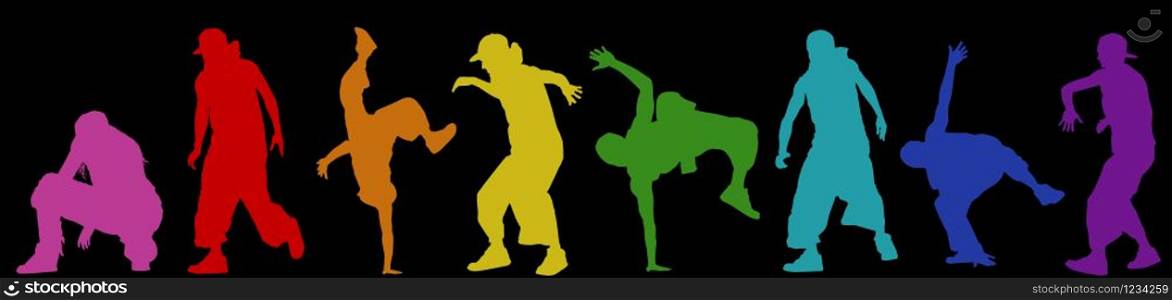 Dancing street dance silhouettes in urban style on black background, vector illustration
