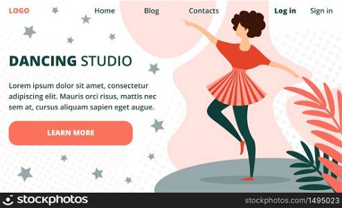 Dancing Studio Horizontal Banner with Young Woman Dancing in City Park Outdoors, Girl Performing or Relaxing, Music Entertainment, Festival Talent Show, Dance Class Cartoon. Flat Vector Illustration. Young Woman Dancing in City Park Outdoors, Class