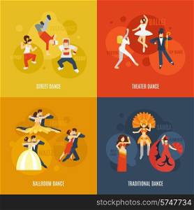 Dancing style design concept set with street theater ballroom traditional dance flat icons isolated vector illustration