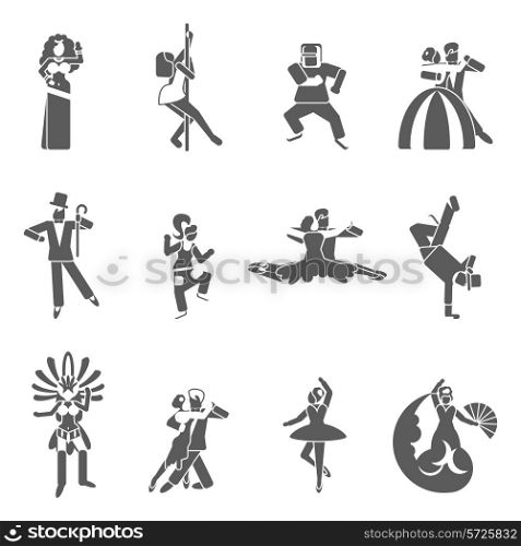 Dancing styles black icon set with elegant dressed couples isolated vector illustration
