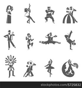 Dancing styles black icon set with elegant dressed couples isolated vector illustration