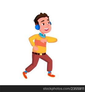 Dancing Teen Boy With Positive Expression Vector. Caucasian Teenager Listening Music In Earphones And Dancing Energy Dance. Cheerful Character Dancer Active Funny Time Flat Cartoon Illustration. Dancing Teen Boy With Positive Expression Vector
