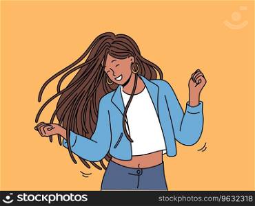 Dancing teenage girl enjoys rhythmic movements to music and swings long dreadlocks. Dancing ethnic woman in casual clothes, relaxing at disco or nightclub and dreams of becoming professional dancer. Dancing teenage girl enjoys rhythmic movements to music and swings long dreadlocks
