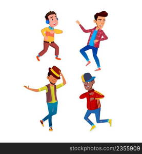 Dancing Teens Boys Joyful Performance Set Vector. Teenagers Listening Music And Dancing Hip Hop And Energy Dance On Disco Party. Characters Dancer Active Funny Time Flat Cartoon Illustrations. Dancing Teens Boys Joyful Performance Set Vector
