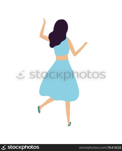 Dancing woman back view isolated cartoon character in flat style. Vector brunette girl at dance party, cute lady having fun enjoying music, female at concert. Dancing Woman Back View Isolated Cartoon Character
