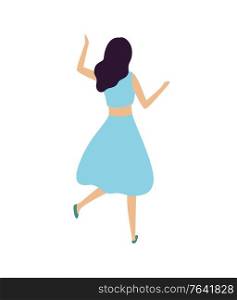 Dancing woman back view isolated cartoon character in flat style. Vector brunette girl at dance party, cute lady having fun enjoying music, female at concert. Dancing Woman Back View Isolated Cartoon Character