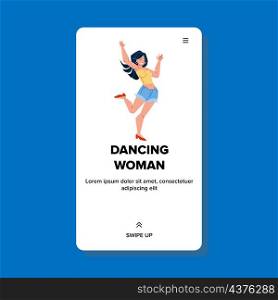 Dancing Woman Enjoying Music In Nightclub Vector. Dancing Woman Resting On Festival Discotheque And Performing Dance. Character Girl Dancer Leisure Time In Night Club Web Flat Cartoon Illustration. Dancing Woman Enjoying Music In Nightclub Vector