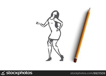 Dancing, woman, girl, active, party concept. Hand drawn attractive girl dancing at party concept sketch. Isolated vector illustration.. Dancing, woman, girl, active, party concept. Hand drawn isolated vector.