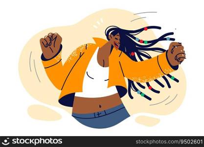 Dancing woman with african american appearance and long dreadlocks enjoying disco or friday party. Dancing energetic girl invites you to visit music festival or night club with dance floor. Dancing woman with african american appearance and long dreadlocks enjoying disco or friday party