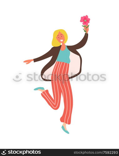 Dancing woman with pink flower isolated blonde girl. Vector female character in cartoon style, smiling lady with blooming plant, 8 March or Valentines day party. Dancing Woman with Pink Flower Isolated Blond Girl