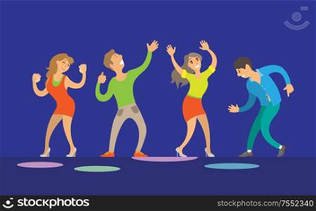 Dancing women and men on blue stage. People with hand up at night club, performance and smiling dancers on dance-floor, disco festival flat vector. Dancing Women and Men, Disco Perfomance Vector