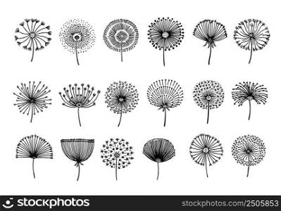 Dandelion. Abstract graphic dandelions, doodle vintage flower seeds. Botanical elements, hand drawn fluffy floral icons. Black blossom silhouettes neoteric vector. Illustration of dandelion flower. Dandelion. Abstract graphic dandelions, doodle vintage flower seeds. Botanical elements, hand drawn fluffy floral icons. Black blossom silhouettes neoteric vector