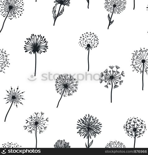 Dandelion old plant with seeds, monochrome sketches outline, seamless pattern, isolated on white background. Nature botanic blossoming, fragility of wildflower, taraxatum blowing of top vector. Dandelion old plant with seeds sketches outline, pattern vector