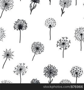 Dandelion old plant with seeds, monochrome sketches outline, seamless pattern, isolated on white background. Nature botanic blossoming, fragility of wildflower, taraxatum blowing of top vector. Dandelion old plant with seeds sketches outline, pattern vector