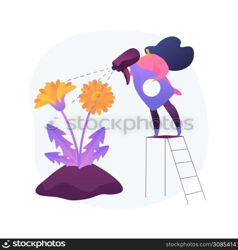 Dandelion removal abstract concept vector illustration. Garden maintenance, weed-free lawn, selective herbicides use, organic gardening, grass seed, lawn mowing, backyard abstract metaphor.. Dandelion removal abstract concept vector illustration.