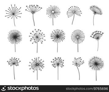 Dandelion silhouettes set, flower seeds in wind, vector flying spring blossoms. Dandelion plant floral fluffs in thin line, fluffy dandelion pattern in blow, softness, freedom or tranquility symbol. Dandelion silhouettes set, flower seeds in wind