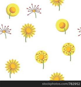 Dandelion, Spring Flower Vector Thin Line Icons Seamless Pattern. Dandelion, Blowball in Blossom Linear Pictograms. Yellow Blooming Flower with Delicate Fluffy Seeds and Pollen Collection. Dandelion, Spring Flower Vector Seamless Pattern