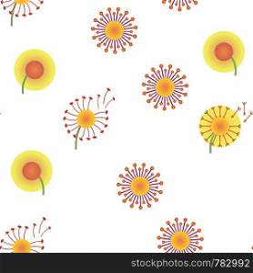 Dandelion, Spring Flower Vector Thin Line Icons Seamless Pattern. Dandelion, Blowball in Blossom Linear Pictograms. Yellow Blooming Flower with Delicate Fluffy Seeds and Pollen Collection. Dandelion, Spring Flower Vector Seamless Pattern