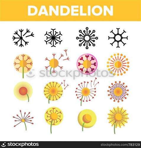 Dandelion, Spring Flower Vector Thin Line Icons Set. Dandelion, Blowball in Blossom Linear Pictograms. Yellow Blooming Flower with Delicate Fluffy Seeds and Pollen Color Symbols Collection. Dandelion, Spring Flower Vector Thin Line Icons Set