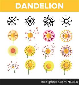Dandelion, Spring Flower Vector Thin Line Icons Set. Dandelion, Blowball in Blossom Linear Pictograms. Yellow Blooming Flower with Delicate Fluffy Seeds and Pollen Color Symbols Collection. Dandelion, Spring Flower Vector Thin Line Icons Set