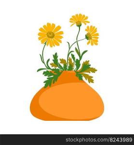 Dandelions plant in pot isolated on white background. Floral botanical daisy bouquet yellow flowers and green leaves vector illustration. Graphic design for greeting, banner, holiday, celebration, art