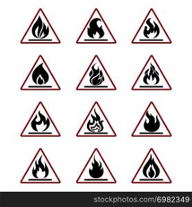 Danger fire icons with flame isolated on white. Danger symbol set illustration. Danger fire icons with flame isolated on white