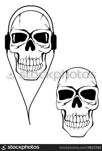 Danger human skull in headphones for any abstract music concept design