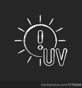 Danger of UV rays chalk white icon on dark background. Ultraviolet exposure risk during summer. Caution to prevent heat exhaustion. Sun overexposure. Isolated vector chalkboard illustration on black. Danger of UV rays chalk white icon on dark background
