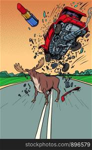 danger on the road, wild animals. moose and car. Comic cartoon pop art retro vector illustration drawing. danger on the road, wild animals. moose and car