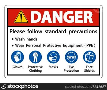 Danger Please follow standard precautions ,Wash hands,Wear Personal Protective Equipment PPE,Gloves Protective Clothing Masks Eye Protection Face Shield