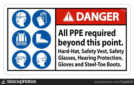 Danger PPE Required Beyond This Point. Hard Hat, Safety Vest, Safety Glasses, Hearing Protection