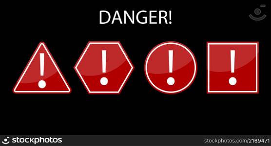 Danger red icons. Different geometrical figures. Hazard signs. Black background. Vector illustration. Stock image. EPS 10.. Danger red icons. Different geometrical figures. Hazard signs. Black background. Vector illustration. Stock image.