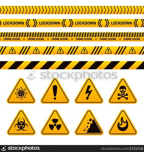 Danger ribbon and sign. Yellow construction ribbons, warning toxic dangerous signs. Security and safety, stripes caution tape vector set. Yellow ribbon danger and safety tape barrier illustration. Danger ribbon and sign. Yellow construction ribbons, warning toxic dangerous signs. Security and safety, stripes caution tape exact vector set