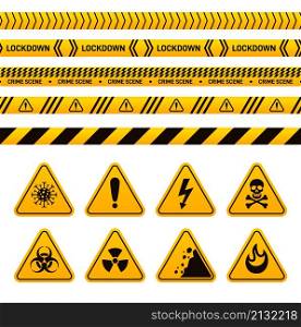 Danger ribbon and sign. Yellow construction ribbons, warning toxic dangerous signs. Security and safety, stripes caution tape vector set. Yellow ribbon danger and safety tape barrier illustration. Danger ribbon and sign. Yellow construction ribbons, warning toxic dangerous signs. Security and safety, stripes caution tape exact vector set
