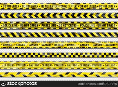 Danger ribbon. Yellow caution tape with warning signs for police crime scene or construction area. Vector illustration realistic attention stripes industrial area alert. Danger ribbon. Yellow caution tape with warning signs for police crime scene or construction area. Vector realistic attention stripes