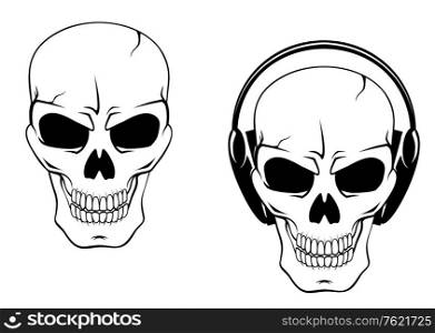 Danger skull in headphones isolated on white background