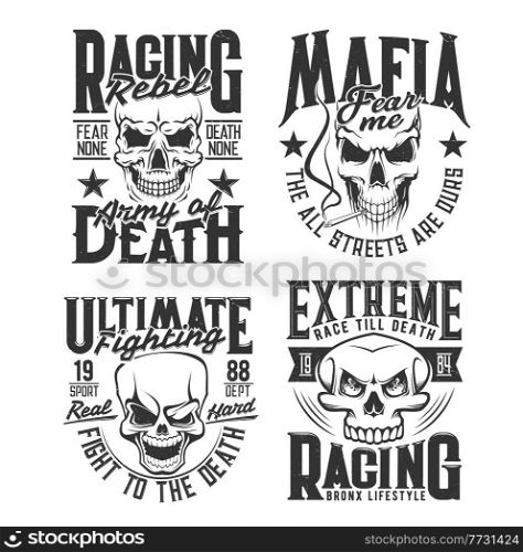 Danger skull t-shirt prints. Bikers club, mixed martial arts fighters team and gangster gang grunge vector emblems, clothing custom design prints template with angry, smiling and smoking human skulls. Danger skull t-shirt, apparel grunge vector prints