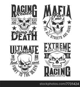 Danger skull t-shirt prints. Bikers club, mixed martial arts fighters team and gangster gang grunge vector emblems, clothing custom design prints template with angry, smiling and smoking human skulls. Danger skull t-shirt, apparel grunge vector prints