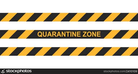 Danger tape quarantine zone. Warning tape fencing. Black and yellow vector diagonal stripes. Epidemic covid-19 orange tape with quarantine zone inscription