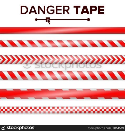 Danger Tape Vector. Red And White. Warning Tape Strips. Realistic Plastic Police Danger Tapes Set Isolated Illustration. Danger Tape Vector. Red And White. Warning Tape Strips. Realistic Plastic Police Danger Tapes Set