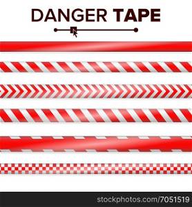 Danger Tape Vector. Red And White. Warning Tape Strips. Realistic Plastic Police Danger Tapes Set Isolated Illustration. Danger Tape Vector. Red And White. Warning Tape Strips. Realistic Plastic Police Danger Tapes Set